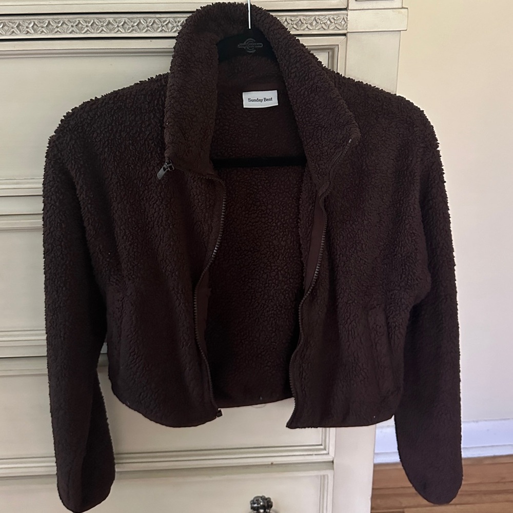 Aritzia Sunday Best Mockneck fuzzy zip Sherpa jacket chocolate brown